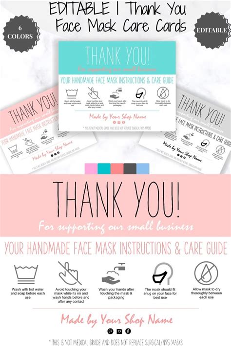 EDITABLE Face Mask Label Care Card THANK YOU for Your ...