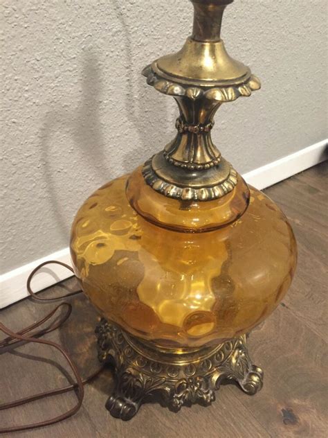 Mcm 1970s Amber Glass Table Lamp Huge Hollywood Regency Modern Wooden