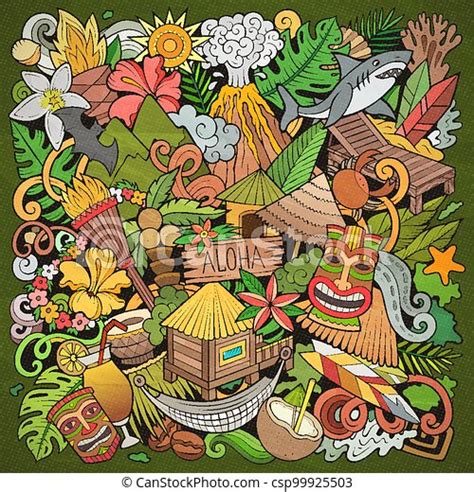 Hawaii Cartoon Vector Doodles Illustration Hawaian Poster Design Tropical Elements And Objects