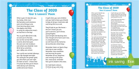 Under the video area here, you can see first published at 20:50 utc on may 22nd, 2021.. The Class of 2020: Year 6 Leavers' Poem (teacher made)