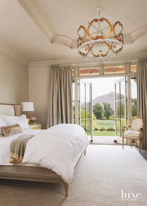 Gold Brass Chandelier Neutral Master Bedroom With Mountain