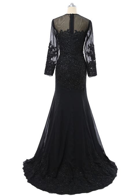 Black Prom Dresses Mermaid Long Sleeves Chiffon Lace Beaded See Through