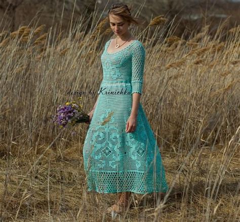 Maxi Cotton Turquoise Dress Crochet Boho Wedding Dress Etsy Rustic