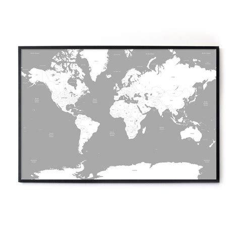 Large Grey And White World Map Travel Print Poster Wall Art A0 Etsy Uk
