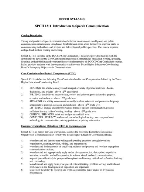 Spch 1311 Introduction To Speech Communication Dcccd Syllabus Pdf