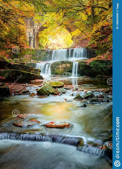 Amazing Fall Autumn Landscape River Waterfall In Colorful Autumn