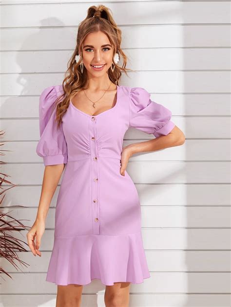Buy Ruffle Hem Button Front Puff Sleeve Dress In The Online Store