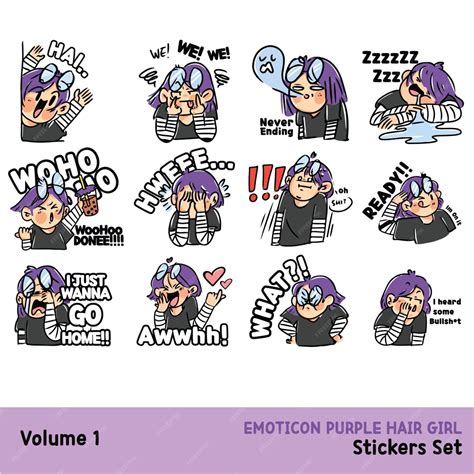 Premium Vector Expressive Purple Haired Girl Sticker Asset Set