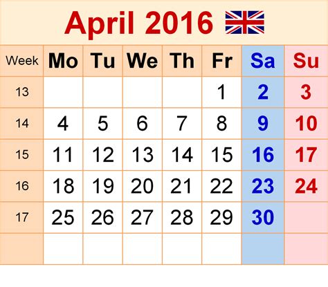 April 2016 Calendar With Holidays Usa Uk Canada