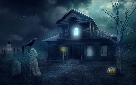 Haunted House House Crows Haunted Eerie Creepy Graveyard Ghost