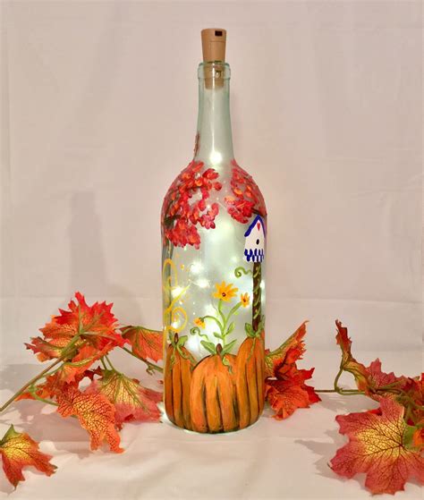 Fall Pumpkin And Flowers Painted Wine Bottle With Lights By