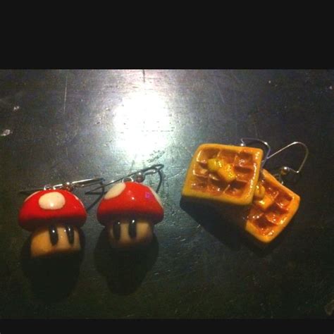 Mario Mushroom And Waffle Earrings Made From Polymer Clay Polymer