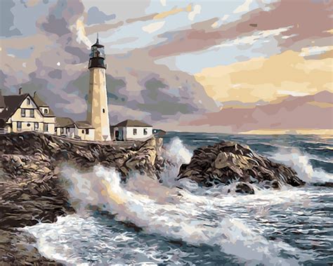 Hq Lighthouse Morning Seascape The Paintings Coloring By Numbers Hand