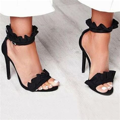 Black Pink Grey Suede Ruffles Ankle Buckle Strap Summer Sandals Fashion