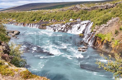 Amazing Waterfalls Of Hraunfossar And Barnafoss Iceland Stock Image