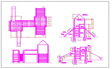 3d children playground dwg drawing. Wooden turret playground equipment details dwg file