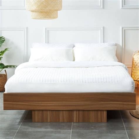 Walnut Oak Wood Floating Bed Base Queen Sumo Deals