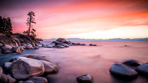 Background Landscape Lake Shore Stones Wood Sunset