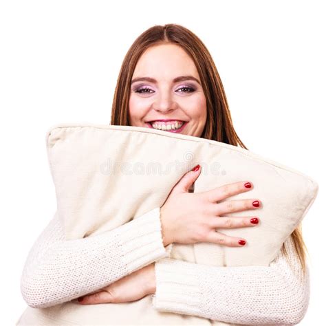 Smiling Woman With Pillow Stock Image Image Of Bedtime 95269239