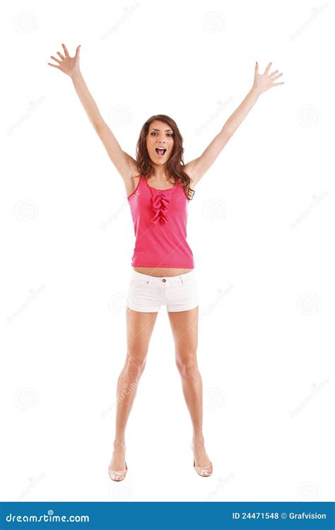 Woman Raises Her Arms Overhead Stock Photo Image Of Satisfied Adult