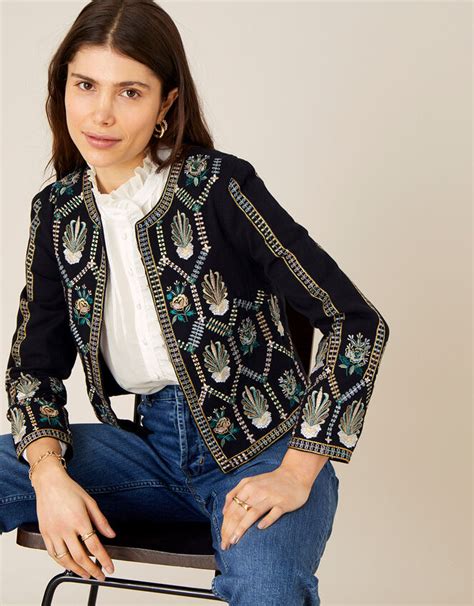 Embroidered Cropped Jacket With Organic Cotton Black Casualwear