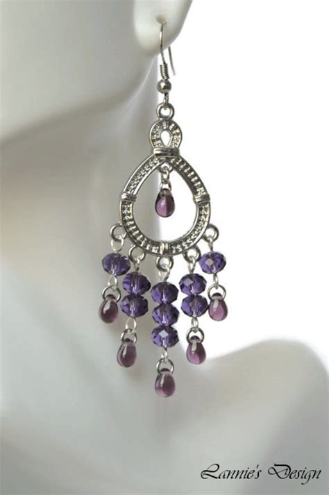 Purple Chandelier Earrings Beads Teardrop Crystal Clip Ons Etsy