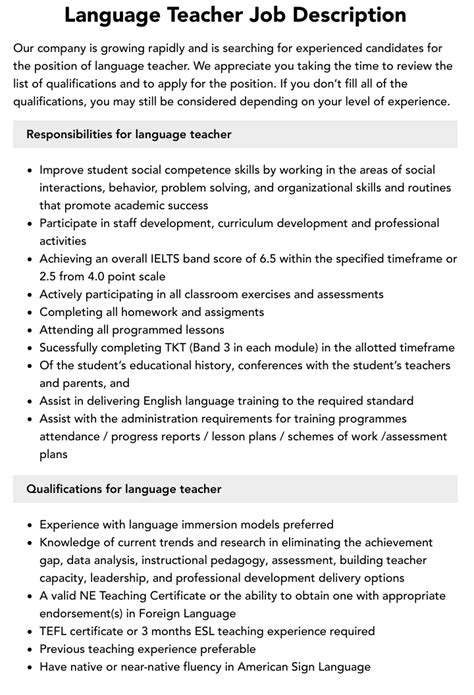 Language Teacher Job Description Velvet Jobs