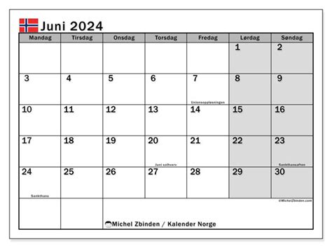 Kalender For Juni 2024 For Utskrift “norge” Michel Zbinden No