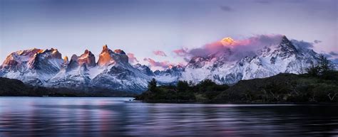 Panoramas Torres Del Paine Patagonia Chile Mountain Sunrise Lake Snowy