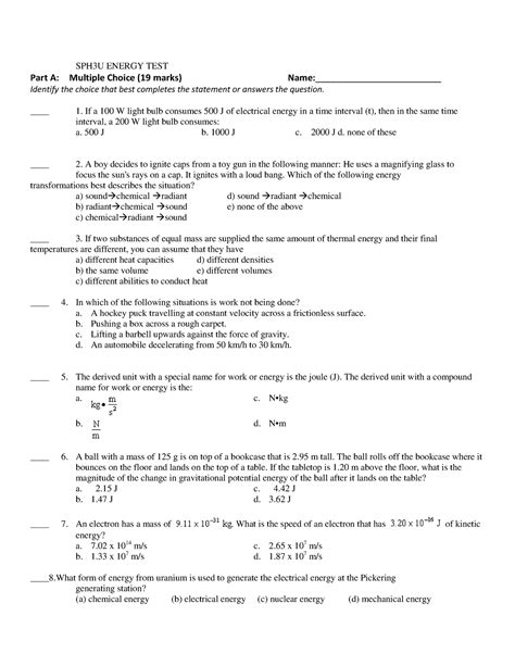 Unit 3 Energy Test Unit 3 Test Sph3u Energy Test Part A Multiple