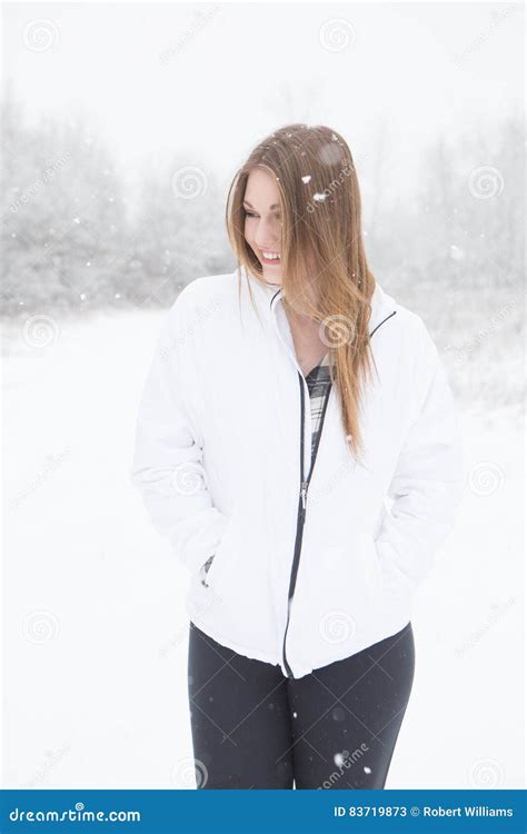 Happy Young Woman Standing In The Snow Stock Image Image Of Cold