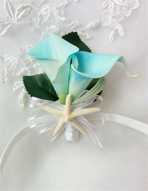 Check spelling or type a new query. Wedding Natural Touch Aqua Aruba Blue Turquoise Calla Lilies with Starfish Accent Corsage - Silk ...