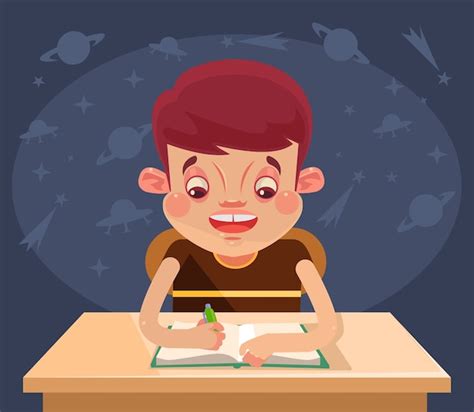 Premium Vector Happy Child Character Doing Homework