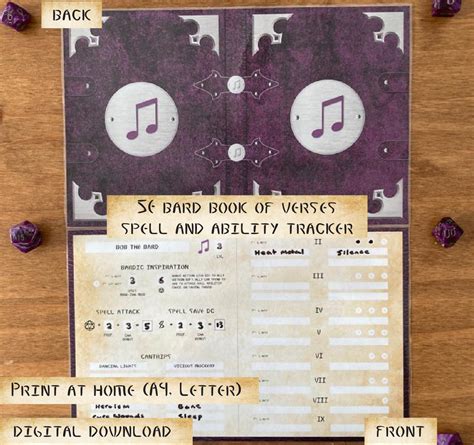 Dnd 5e Bard Spell And Ability Tracker Book Of Verses Print Etsy