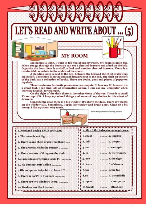 Let´s Read And Write About 5 My Room Worksheet Free Esl