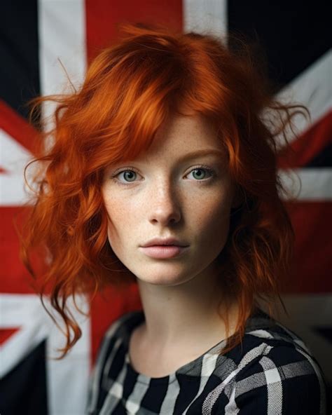 uma mulher de cabelo ruivo e uma bandeira britânica ao fundo vetor premium
