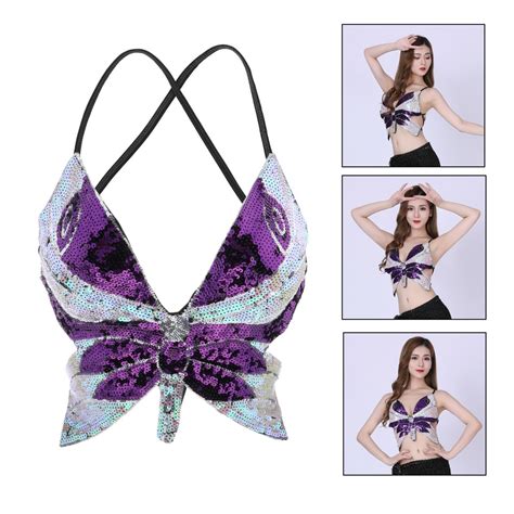 Women Glitter Belly Dance Bra Sequin Butterfly Halter Crop Top Latin