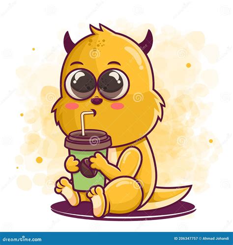 Cute Monster Cartoon Drinking Coffee Illustration Stock Vector