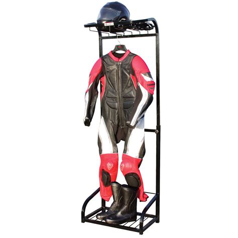 Black Motorcycle Leather Suit Helmet Boots Storage Rack System