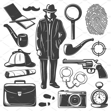 Vintage Detective Elements Set Illustrator Graphics ~ Creative Market