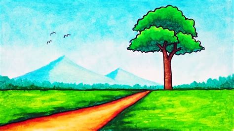 How To Draw Simple Nature Landscape Easy Scenery Drawing Youtube