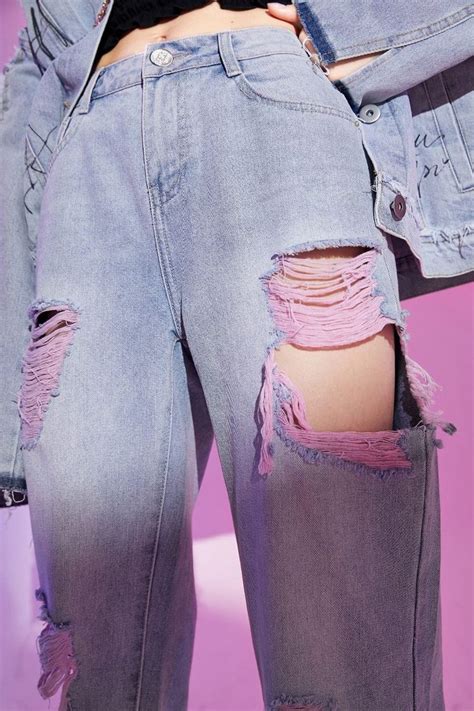 Weird Girl Blue Solid Ripped Hole Denim Jeans Diy