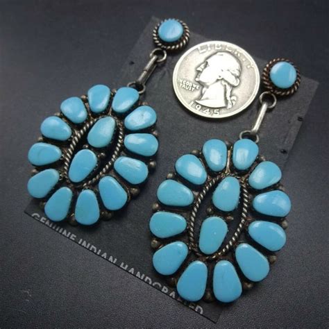 Huge NAVAJO Sterling Silver Clear Blue TURQUOISE Cluster Dangle