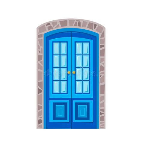 Beautiful Wooden Door With Blue Stained Glass Vector Illustration In