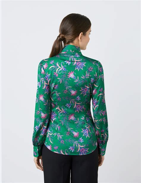 Satin Womens Fitted Shirt With Fine Flowers Print And Pussy Bow In Green And Pink Hawes