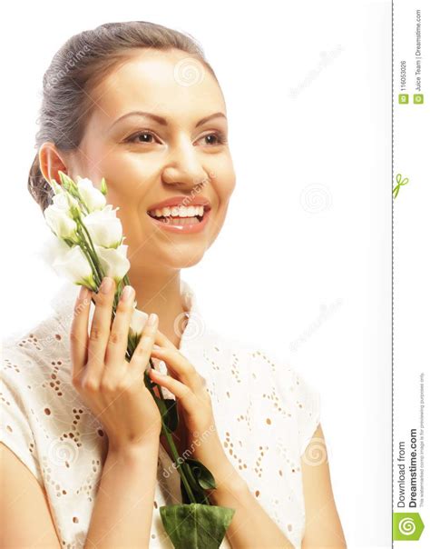 Happy Woman With White Flowers Isolated On White Stock Photo Image Of