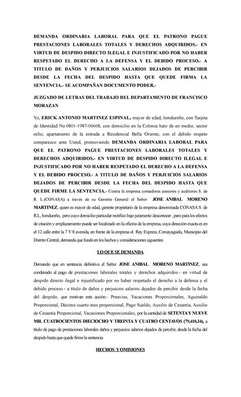 Demanda Laboral Pago Prestaciones Honduras Demanda Ordinaria Laboral