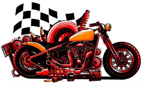 Motocicleta Vectorial Con Repuestos Y Bandera De Carrera Ilustración