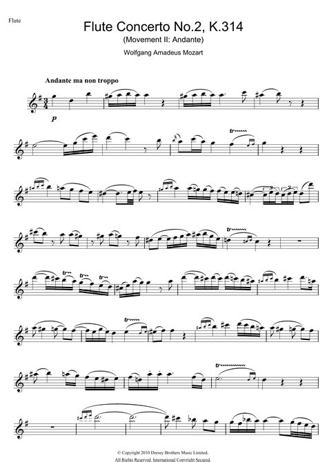 Wolfgang Amadeus Mozart Flute Concerto No 2 2nd Movement Sheet Music