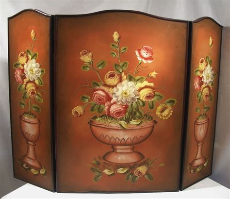 Vintage Hand Painted Floral Still Life Arts Crafts Style Wood Fire